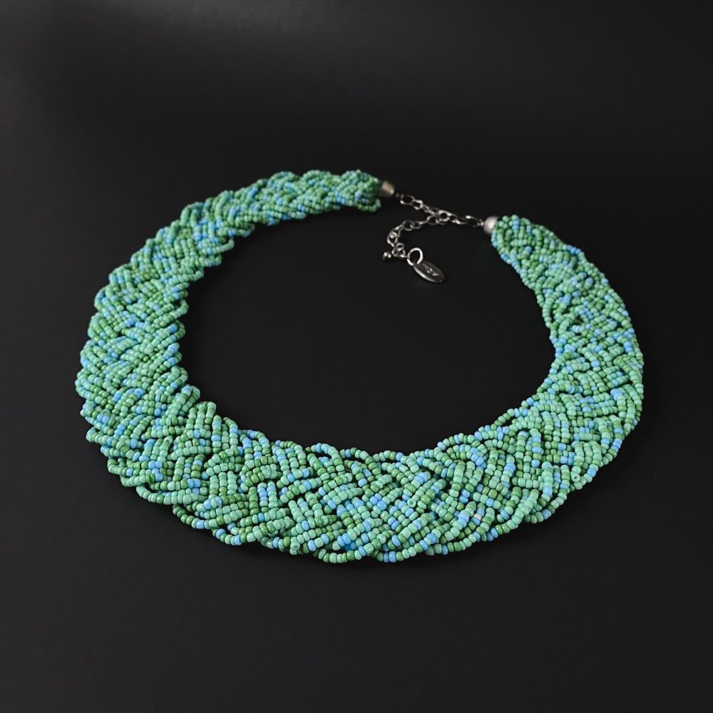Tanjore India SignedTurquoise Blue Green Woven Seed Bead Collar Bib Necklace